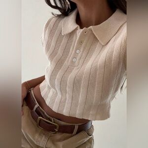 NWT Cream Ribbed Knit Cropped Polo Top - Size Small